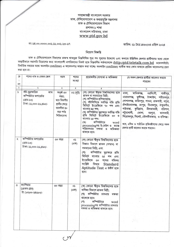 ডাক ও টেলিযোগাযোগ বিভাগ চাকরির খবর ২০২৪ - Government job circular 2024 - job circular 2024 - Govt job circular - bd job circular 2024